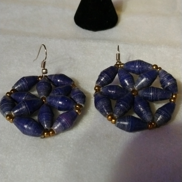 Vintage blue pierced earrings hand rolled paper beads (sku 234) - Picture 1 of 4